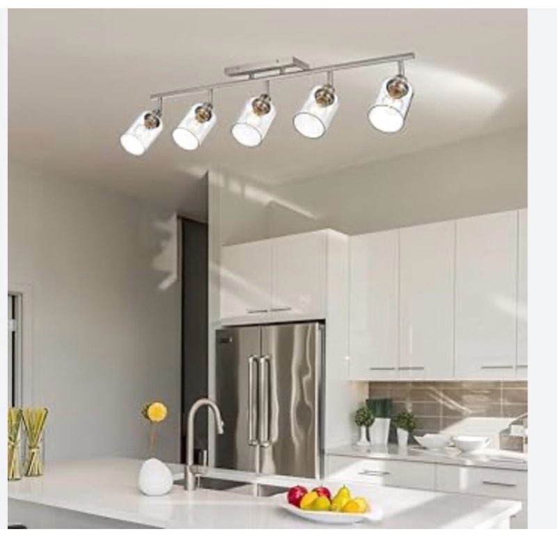 TULUCE Moderno accesorio de iluminación de riel de techo, 5 luces de tocador de baño, níquel cepillado, kit de iluminación de techo con cabezal de luz flexible giratorio para cocina, pantalla de
