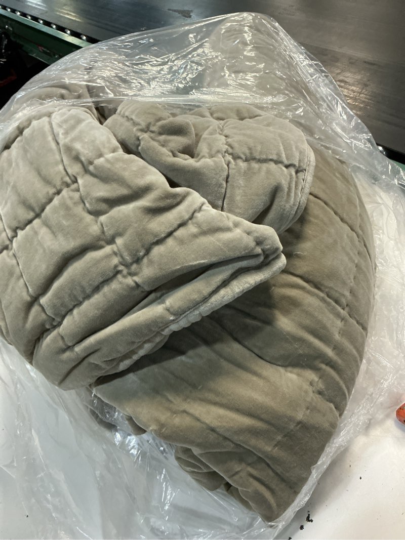 Condition photo showing As Is for cotton velvet quilt set, king/cal king, light taupe
