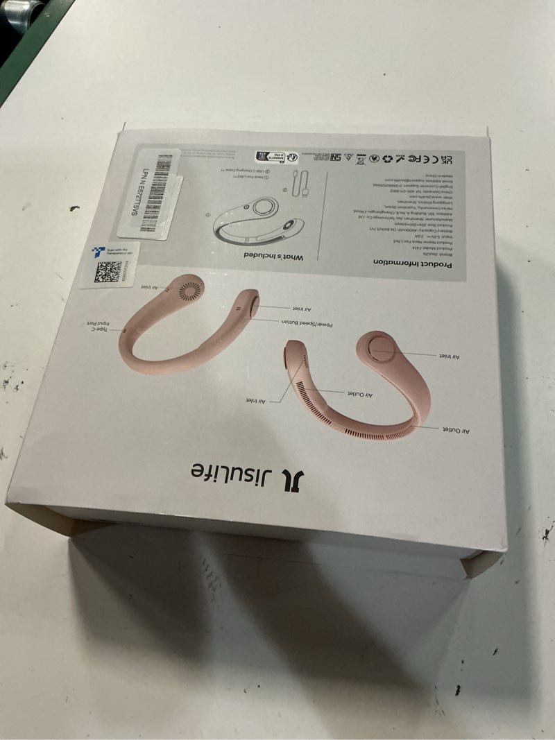 Condition photo showing New/Like New for jisulife portable neck fan, hands-free bladeless, 5 speeds, 4000 mah battery operated wearable personal fan, twistable, rechargeable, gift for women men-pink
