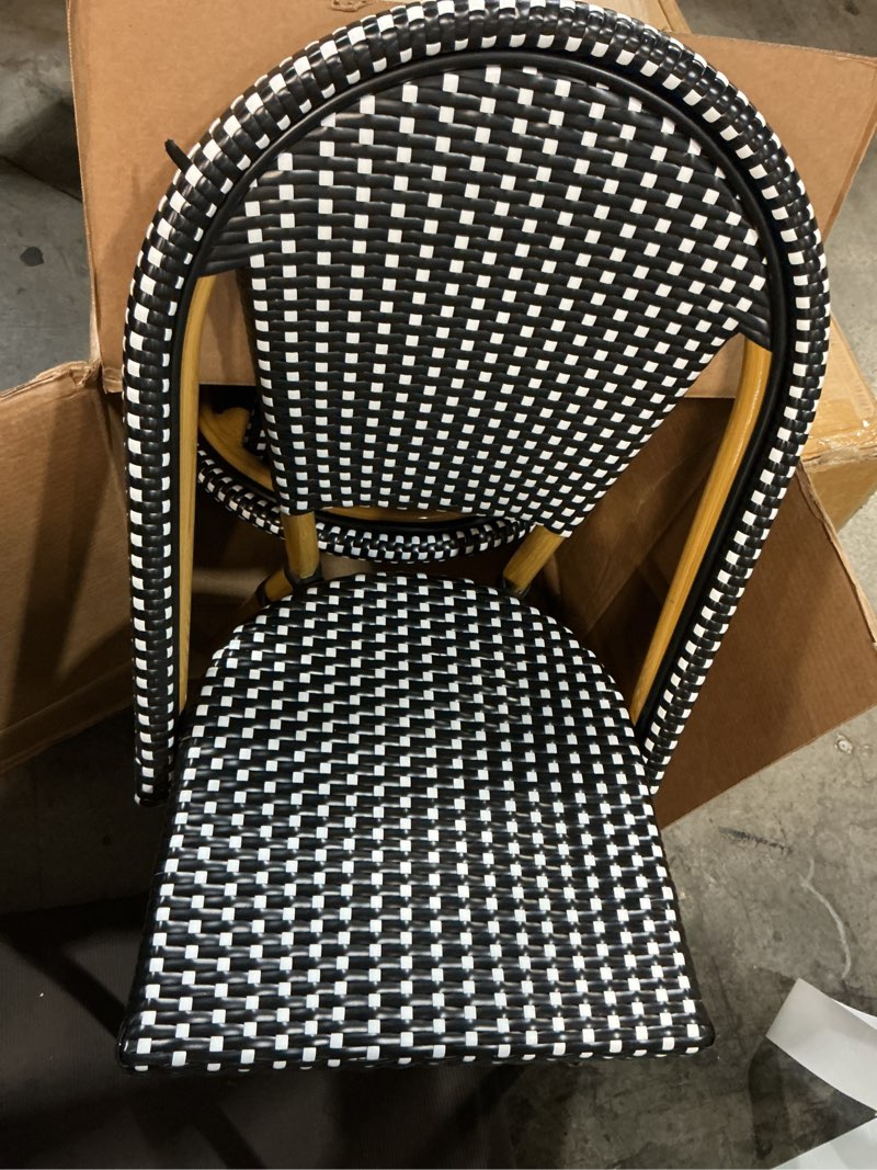 Condition photo showing Good Condition for martha stewart lily pond indoor-outdoor stackable bistro chairs with natural woodgrain aluminum frame finish, black/white woven rattan backrests/seats, set of 2 black & white/natural frame set of 2