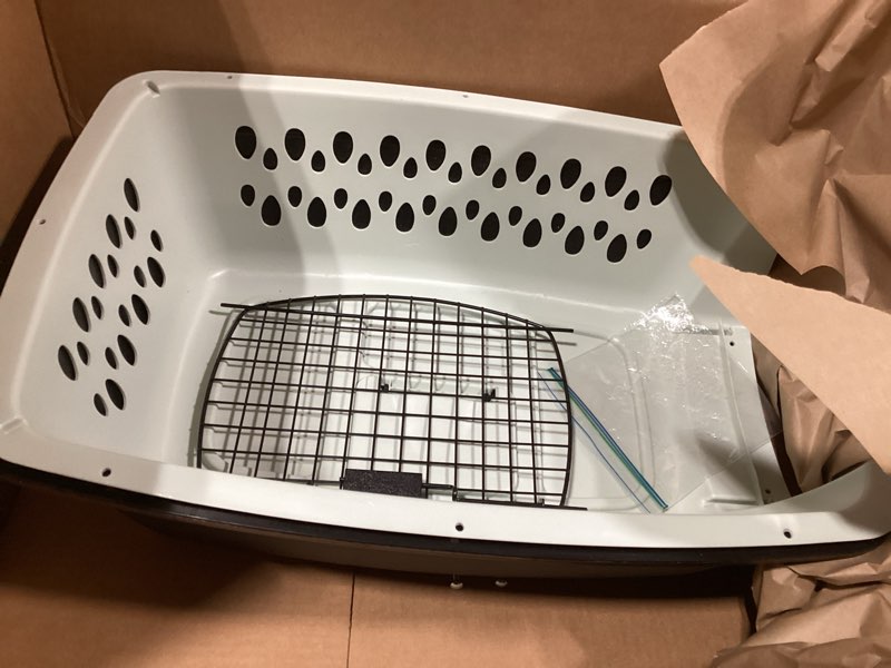 Condition photo showing As Is for Petmate Pet Porter Fashion Dog Kennel - Crate for Pets 15-20 lbs - Airline Approved Pet Carrier - Durable Plastic Shell - For Home and Travel - Made in USA - 24 Inches - Pale Aqua and Black 24.1"L x 16.7"W x 14.5"H Pale Blue and Black