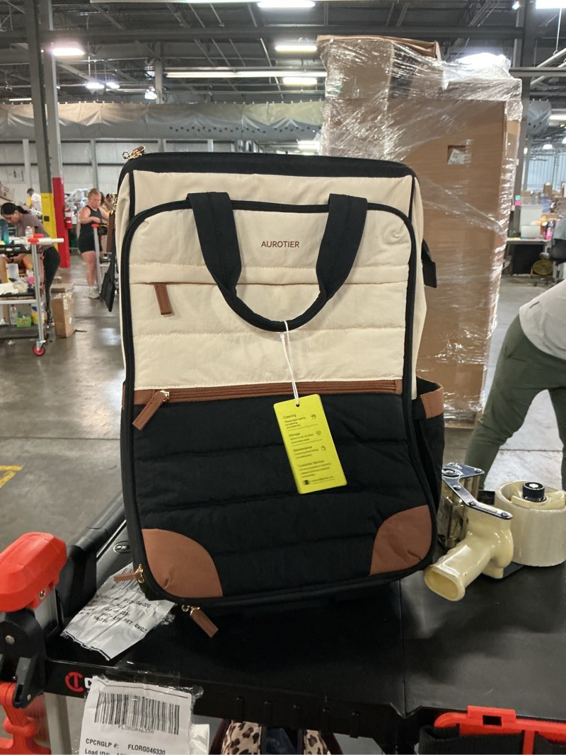 Condition photo showing As Is for rolling puffer backpack for women, travel backpack with wheels, 16 inch wheeled laptop backpck, dual-opening design overnight college underseat carry on luggage, roller business work bag, beige brown