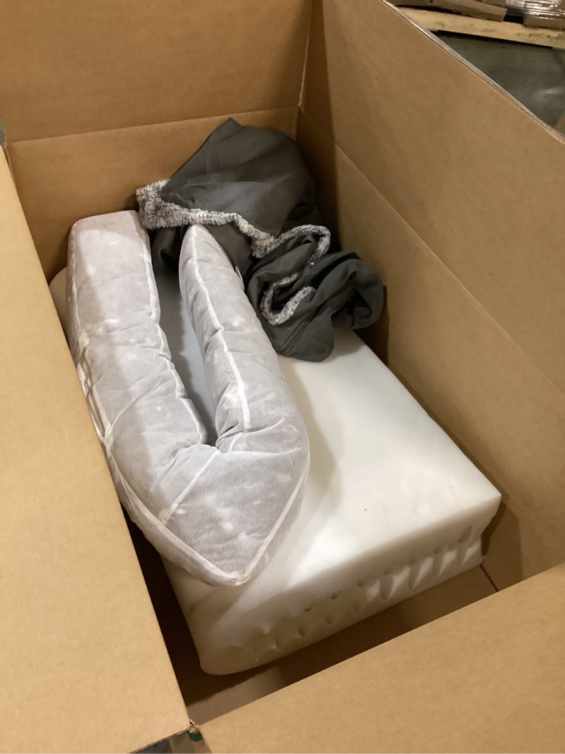 Condition photo showing Good Condition for Furhaven Orthopedic Dog Bed for Large Dogs w/ Removable Bolsters & Washable Cover, For Dogs Up to 95 lbs - Two-Tone Plush Faux Fur & Suede L Shaped Chaise - Stone Gray, Jumbo/XL Jumbo Stone Gray