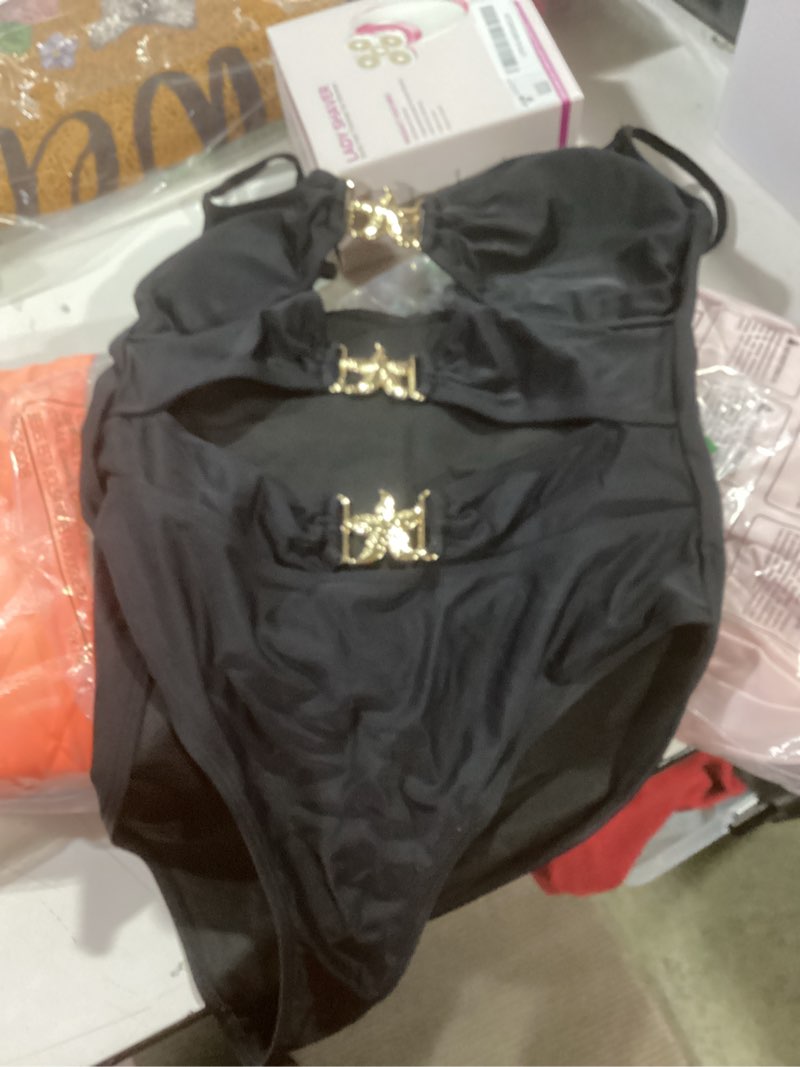 Condition photo showing As Is for Eomenie One Piece Swimsuit for Women Cutout Monokini Sexy Bathing Suit Metal Swim Suit Black and Golden Metal Medium