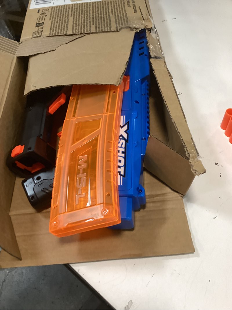 Condition photo showing As Is for XSHOT Insanity Motorized Clip Mania Dart Blaster with 72 Darts - Air Pocket Technology, Auto Feeding Belt, Tripod & Scope, Outdoor Toy