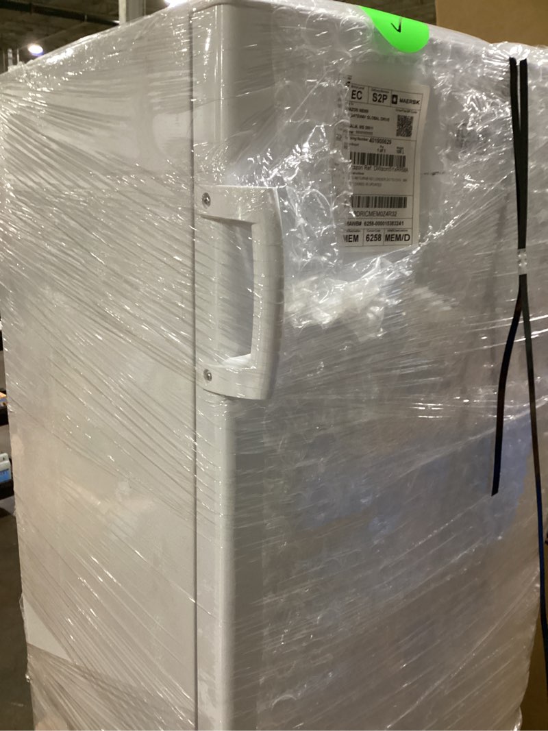 Condition photo showing As Is for black+decker 8.5 cu. ft. upright freezer, stand up freezer with mechanical temperature control, freezer upright with 3 shelves and 4 door bins, manual defrost, r600a refrigerant, buf850lw, white white 8.5 cu. ft.
