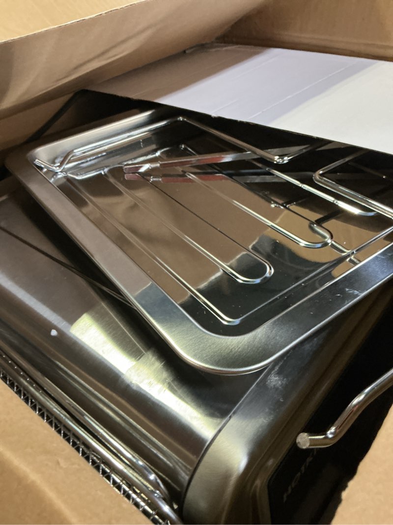 Condition photo showing As Is for HotKing Dual-Zone Air Fryer Toaster Oven Combo, 28 QT Extra Large, Non Toxic Stainless Steel Convection Oven with French Door, Countertop Airfryer with Window, Racks, Rotisserie, Dehydrator, ETL Rated 28 Quart