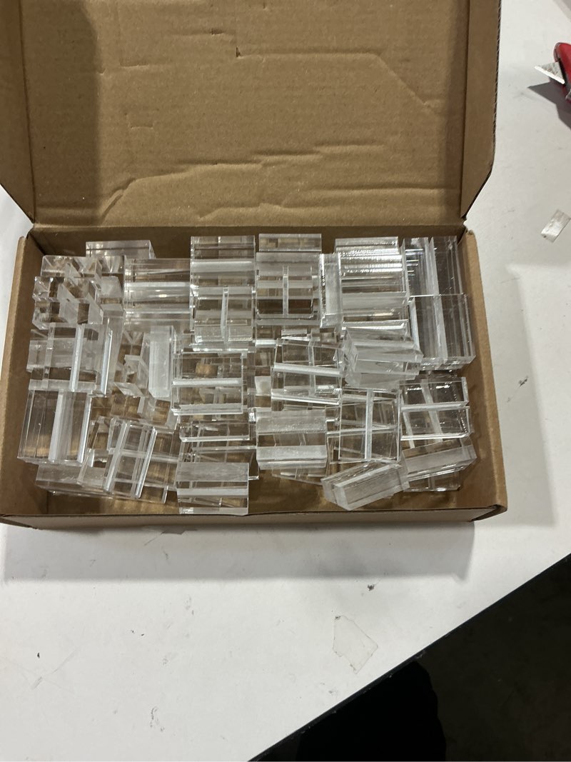 Condition photo showing As Is for 100 pcs acrylic place card holders, 1.2 inch clear table number holders wedding sign holder small sign display stand with card slot for table wedding photos office name cards menu meeting