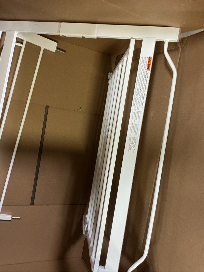 Condition photo showing As Is for regalo safety 38" baby gate for doorways & bottom of stairs, pressure mount design for babies, toddlers & pets, tested & safe for 30 years, american designed, american owned, white white 29-38.5"w x 30"h