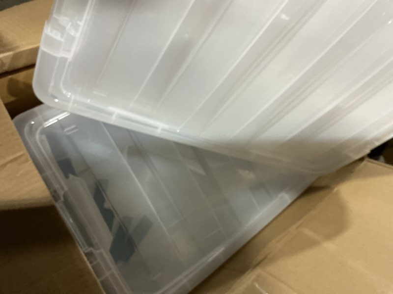 Condition photo showing As Is for iris usa 54 qt plastic storage box with lid and latches - 4 pack - bpa-free, discreet organizing solution, durable nestable stackable containers, secure pull handle - pearl pearl 54 qt 4 pack