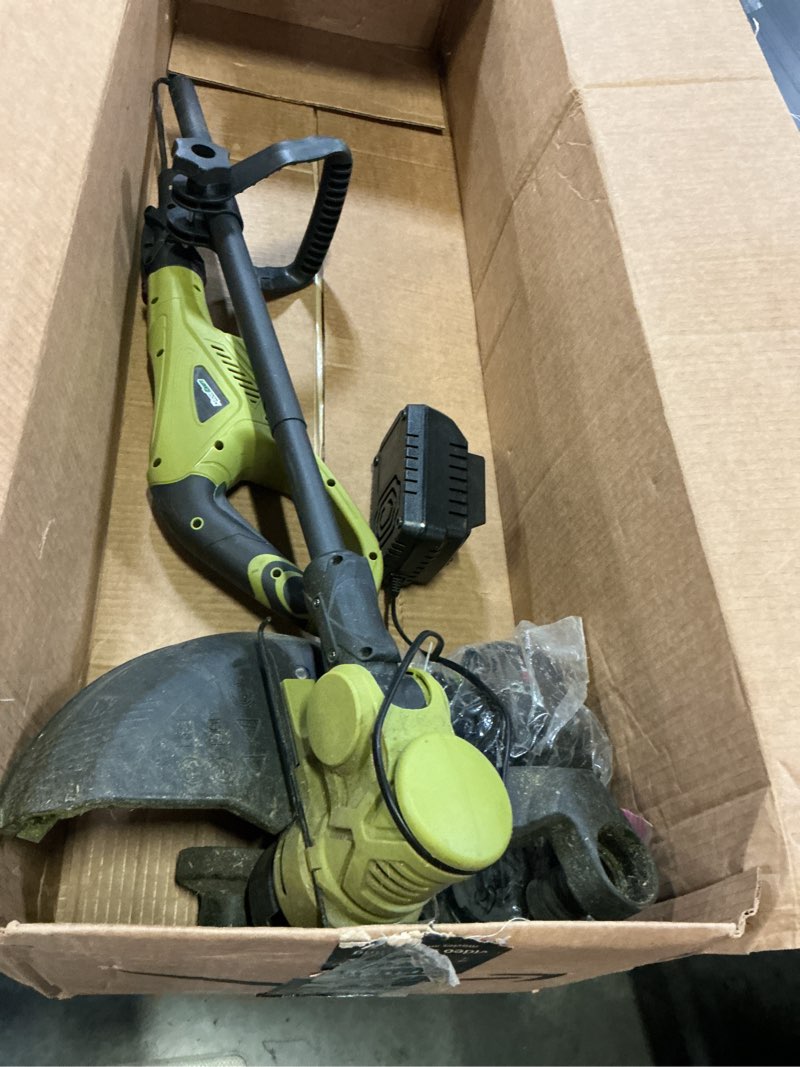 Condition photo showing As Is for 20v 12'' cordless string trimmer, grass trimmer&edger with 8 replacement spools, battery powered weed trimmer with auto line feed for garden, lawn(2*4ah battery and charger included), green