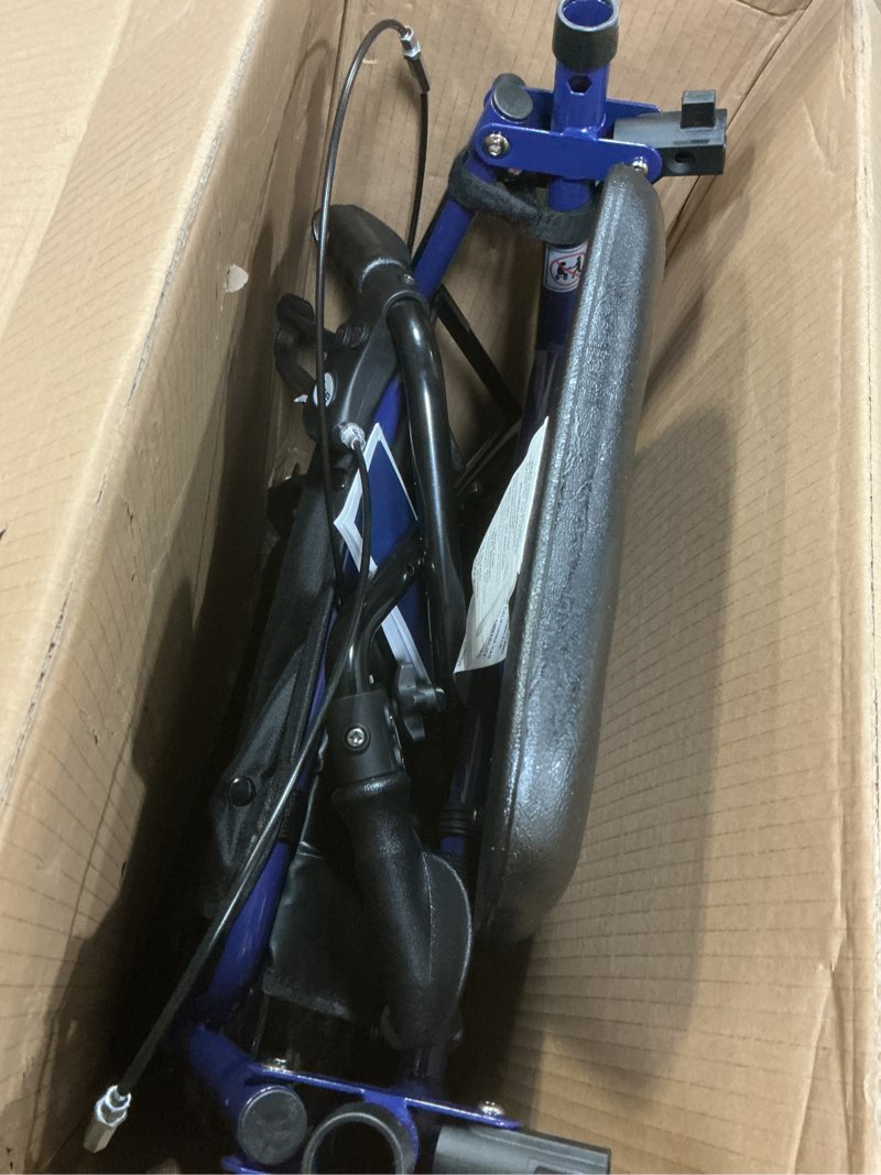 Condition photo showing As Is for drive medical rollator walker with seat - stable mobility support - height adjustable - durable steel frame construction - smooth 7.5" wheels - foldable - 350 lb limit - blue