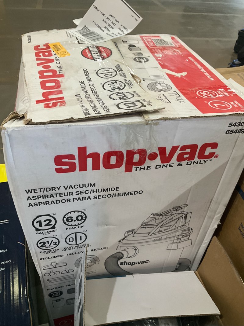 Condition photo showing As Is for shop-vac 12-gallon 6 hp corded wet/dry shop vacuum with accessories included
