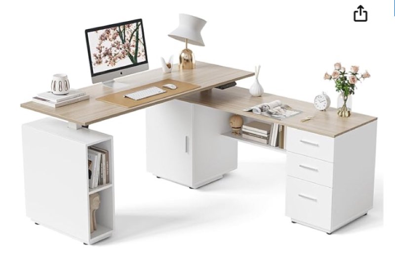 FEZIBO Electric Height Adjustable Stand up Desk for Home Office, 63" L Shaped Executive Standing Desk with 3-Drawer File Cabinet, Computer Desk with Storage Cabinets, White Frame/Light Walnut Top (incomplete 1 box only)
