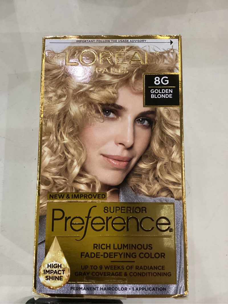 Condition photo showing New/Like New for L'Oreal Paris Superior Preference Luminous Fade-Defying Permanent Hair Color, Hair Dye For Up to 9 Weeks of Radiance, Golden Blonde 8G, 1 Hair Dye Kit 1 Count (Pack of 1) 8G Golden Blonde