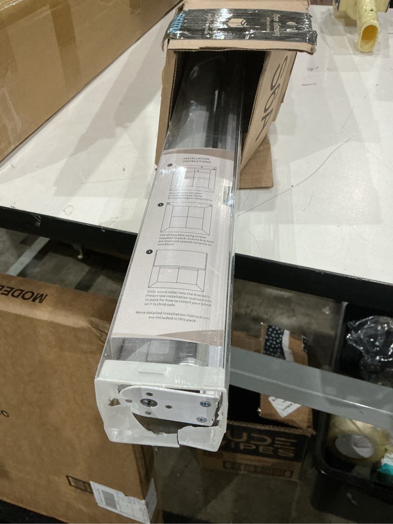 Condition photo showing As Is for chrisdowa cordless 100% blackout roller shade, with striped jacquard, thermal insulated, uv protection fabric, total blackout blinds for window, french doors, home and office. white, 31" w x 72" h 31"w x 72"h white