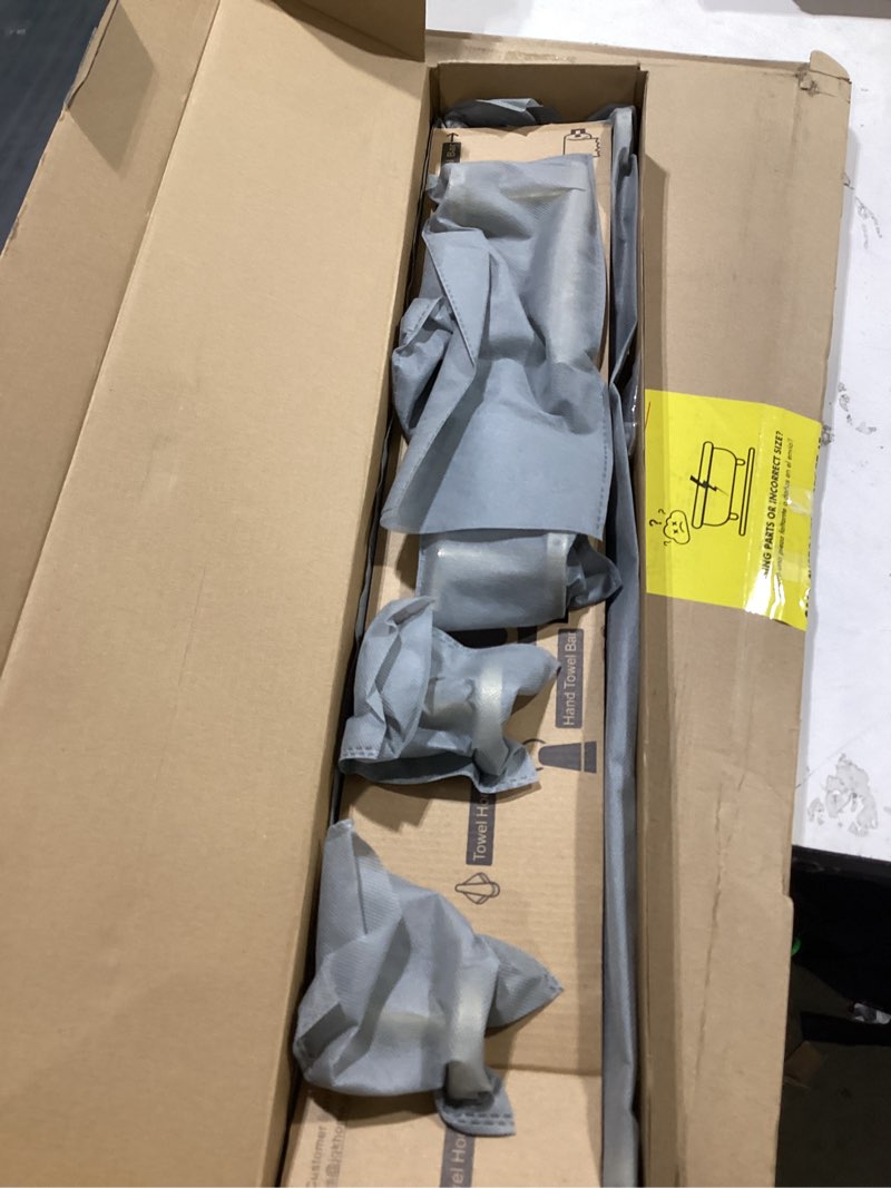 Condition photo showing Good Condition for jqk bathroom hardware set, 5-piece bath accessories set brass gold wall mount includes 24 in towel bar, 9 in ht bar, tp holder, towel hook x 2 brushed gold, bas105-bg 5-piece gold