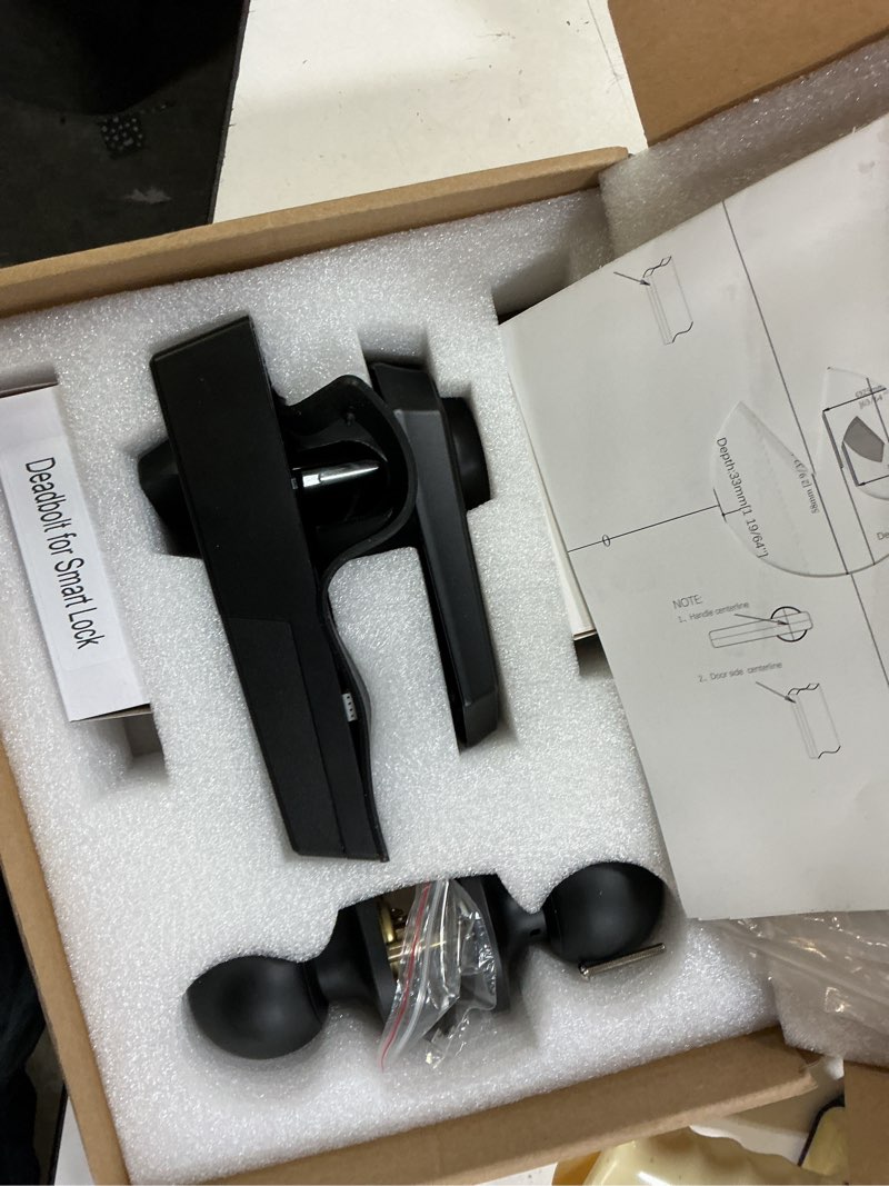 Condition photo showing As Is for smart keyless entry door lock with 2 knobs,front door lock handle set,electronic digital keypad deadbolt,auto lock,50 user codes,voice prompts,anti-peeking password,home, apartment,satin nickel black