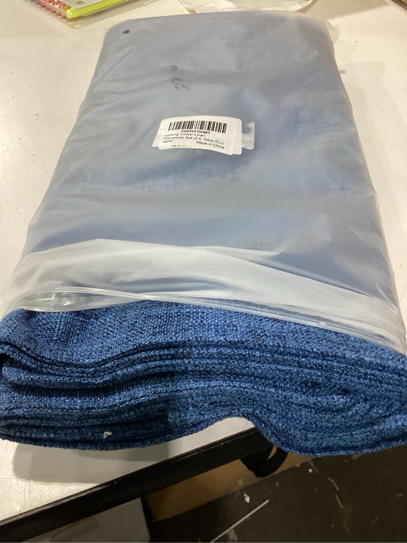 Condition photo showing New/Like New for homing cotton linen placemats set of 6, cloth washable farmhouse dining table mats for indoors & outdoors, easy to clean, navy blue, 13 x 19 inch navy blue 6 pcs