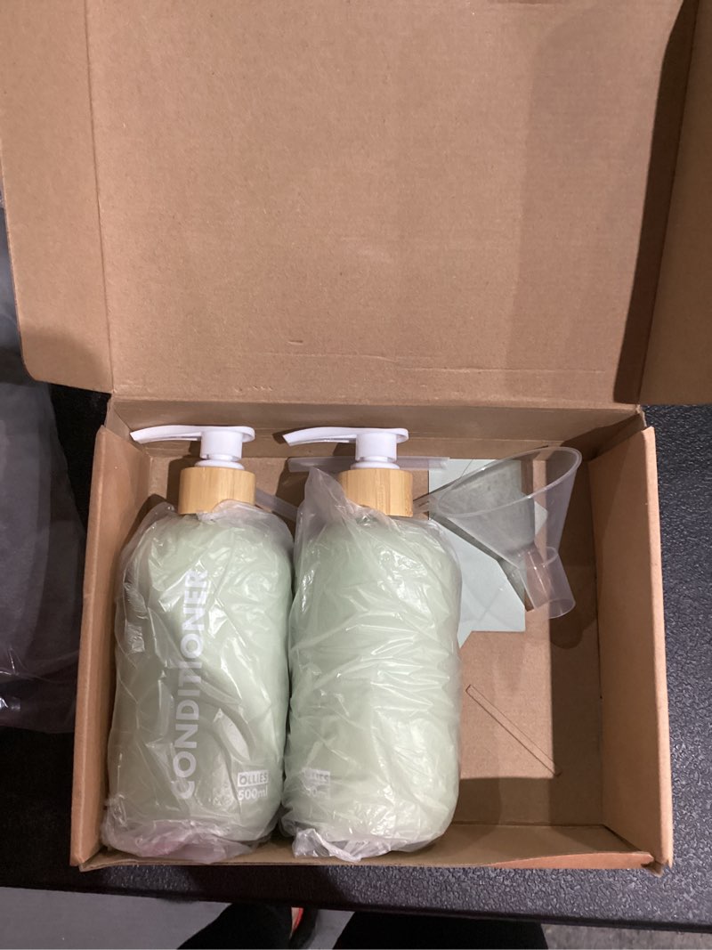 Condition photo showing As Is for ollies shampoo and conditioner dispenser, shower soap dispenser for bathroom-set of 3 with permanent stylish label-17oz, 500ml refillable shampoo and conditioner bottles green set of 3: plastic & bamboo