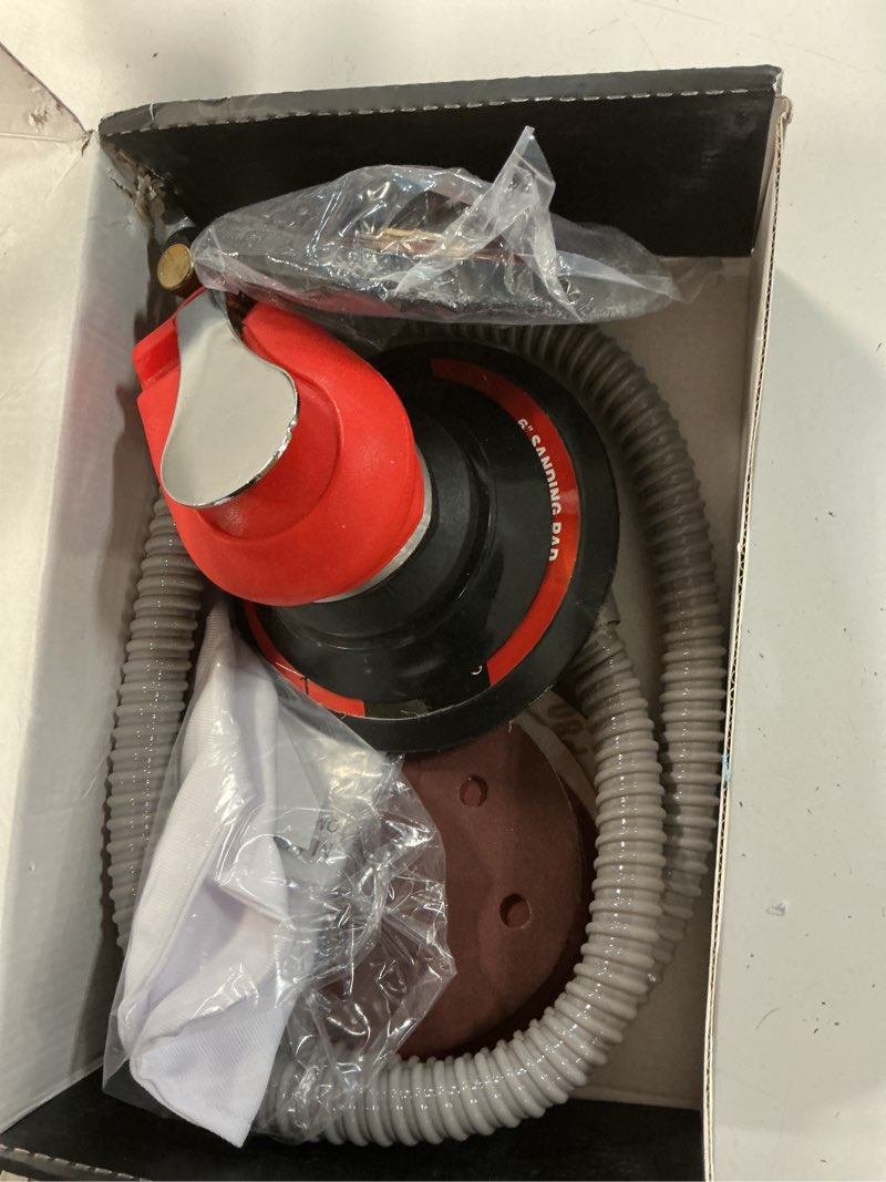 Condition photo showing Good Condition for random orbital sander 5" & 6" pneumatic palm sander with extra 5" backing plate, sponge polishing pads, sandpapers low vibration and heavy duty for wood, composites, metal