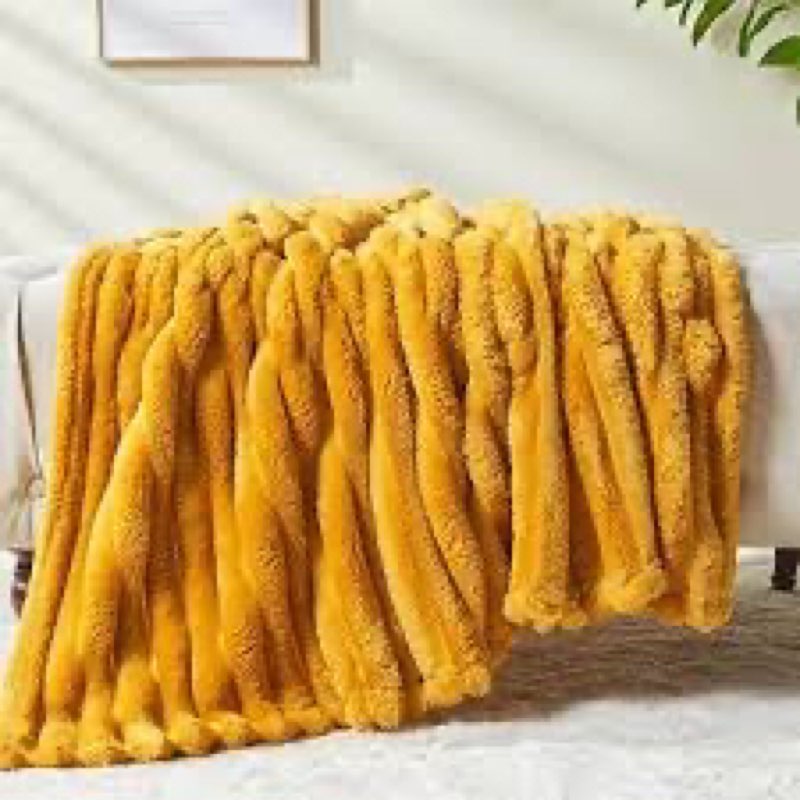 newcosplay super soft throw blanket mustard yellow premium silky flannel fleece 3d ribbed jacquard lightweight bed blanket all season use (mustard yellow ribbed, throw(50"x60"))