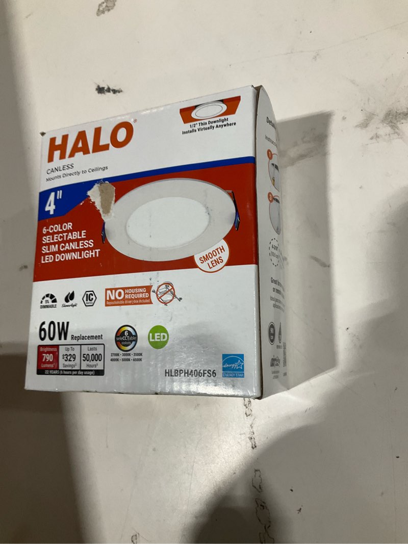Condition photo showing As Is for halo white 4-in 725 -lumens switchable white round dimmable led canless wet rated recessed downlight