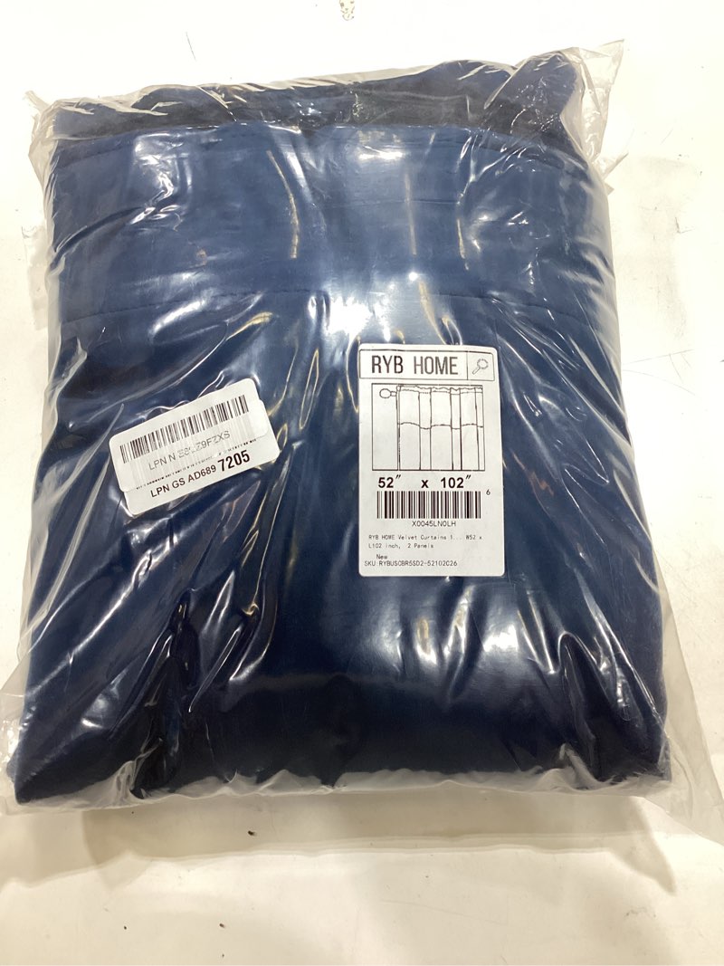 Condition photo showing New/Like New for ryb home velvet curtains 102 inches long, back tab room darkening noise reducing window treatment for living room bedroom privacy protect for stuido, navy blue, w52 x l102 inch, 2 panels navy blue 52"w x 102"l (pack of 2)
