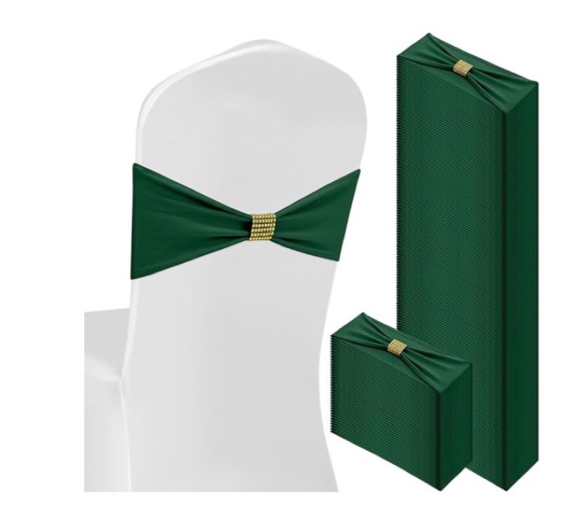 100 pcs spandex chair sashes bows with rhinestone ring buckle slider elastic universal bowknot chair cover bands ties for wedding banquet ceremony event party decoration(dark green)