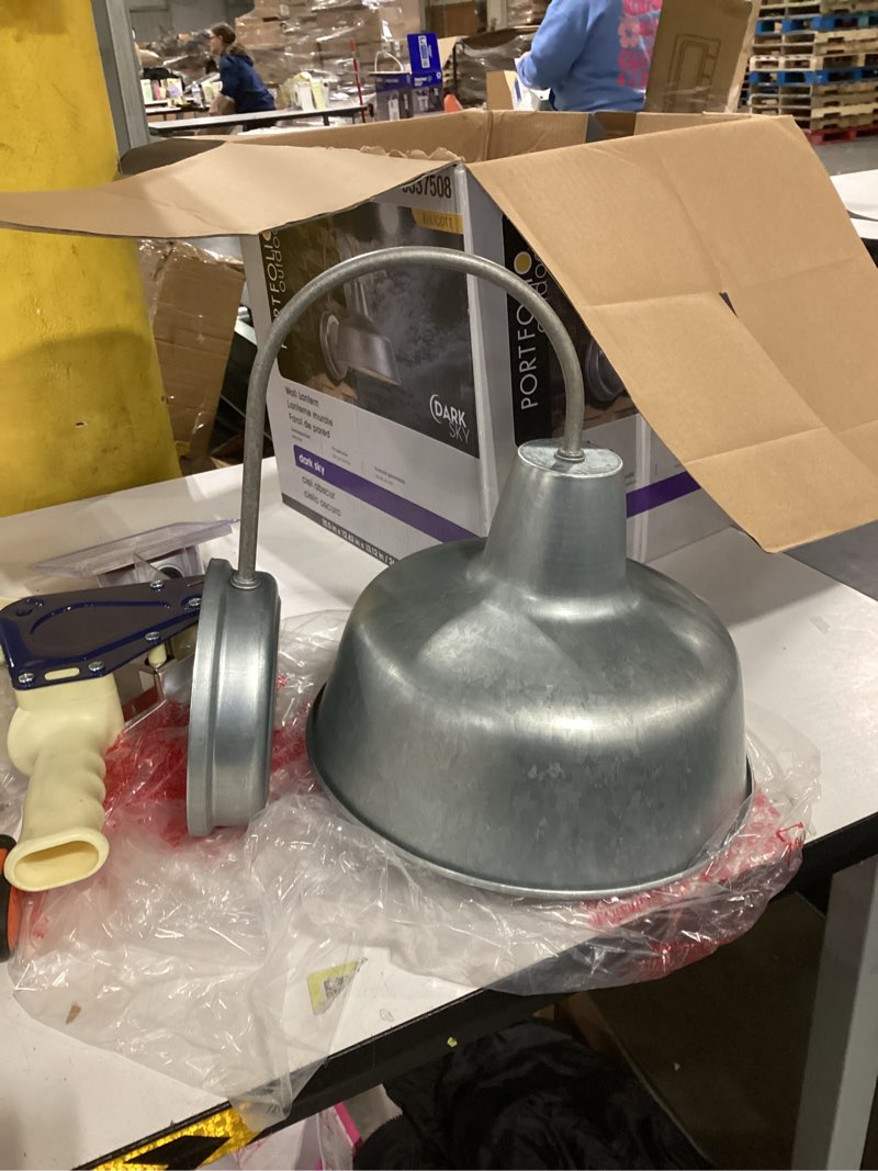 Condition photo showing Good Condition for Portfolio Ellicott 13.12-in H Galvanized Dark Sky Outdoor Wall Light