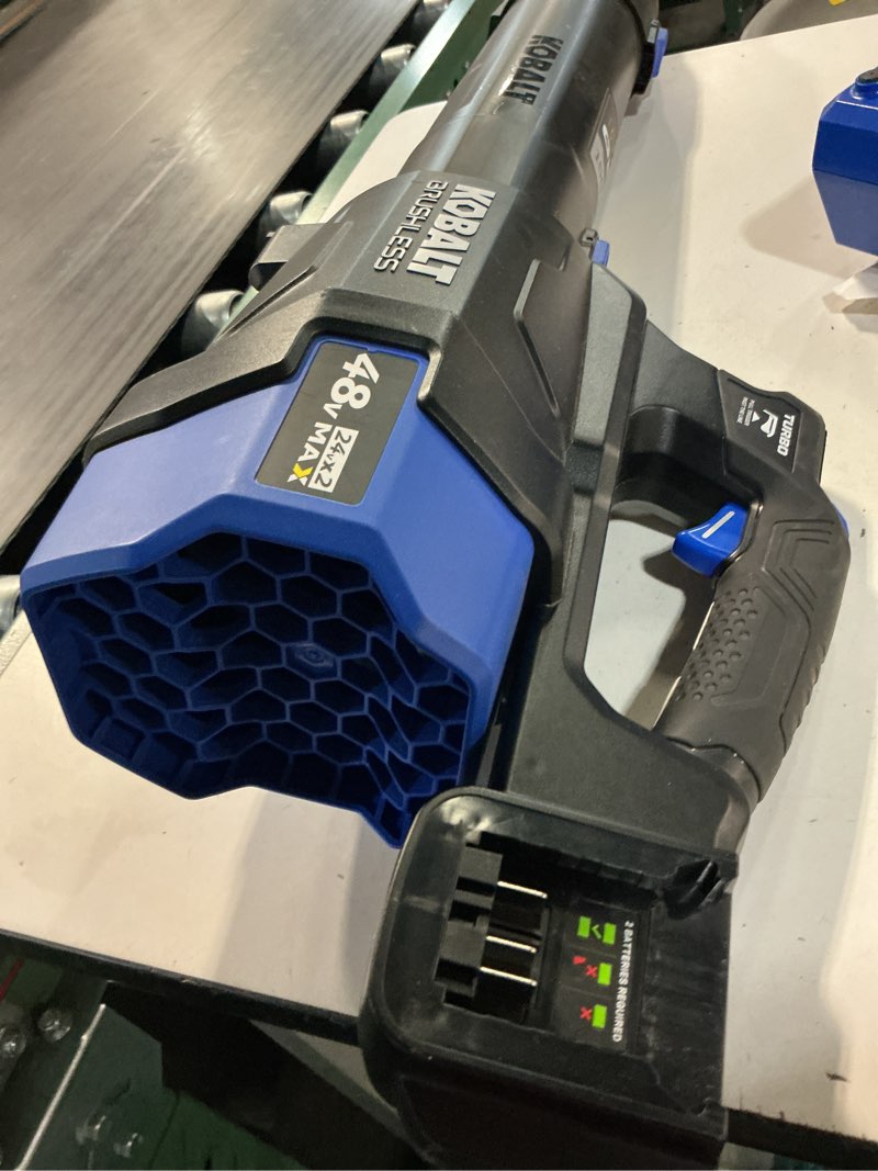 Condition photo showing As Is for kobalt 24-volt 600-cfm 150-mph battery handheld leaf blower battery not included charger not included