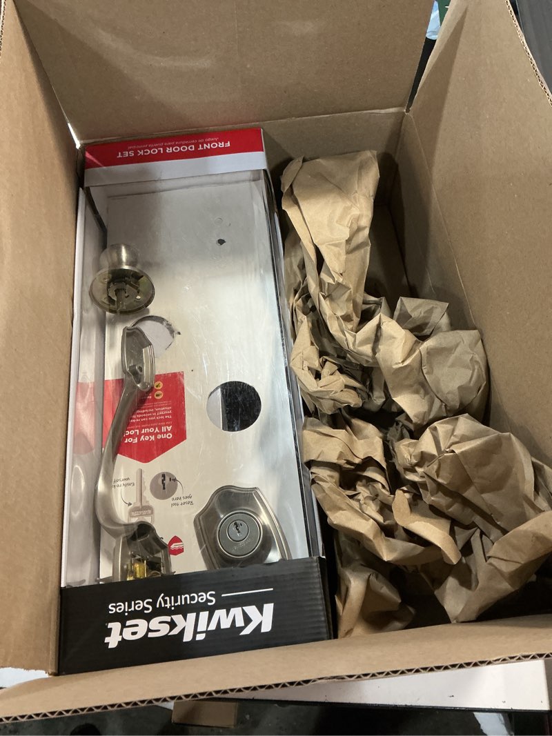 Condition photo showing As Is for kwikset belleview front door lock handle and deadbolt set, entry handleset exterior with interior door knob, satin nickel, pick resistant smartkey rekey deadbolt security satin nickel full handleset