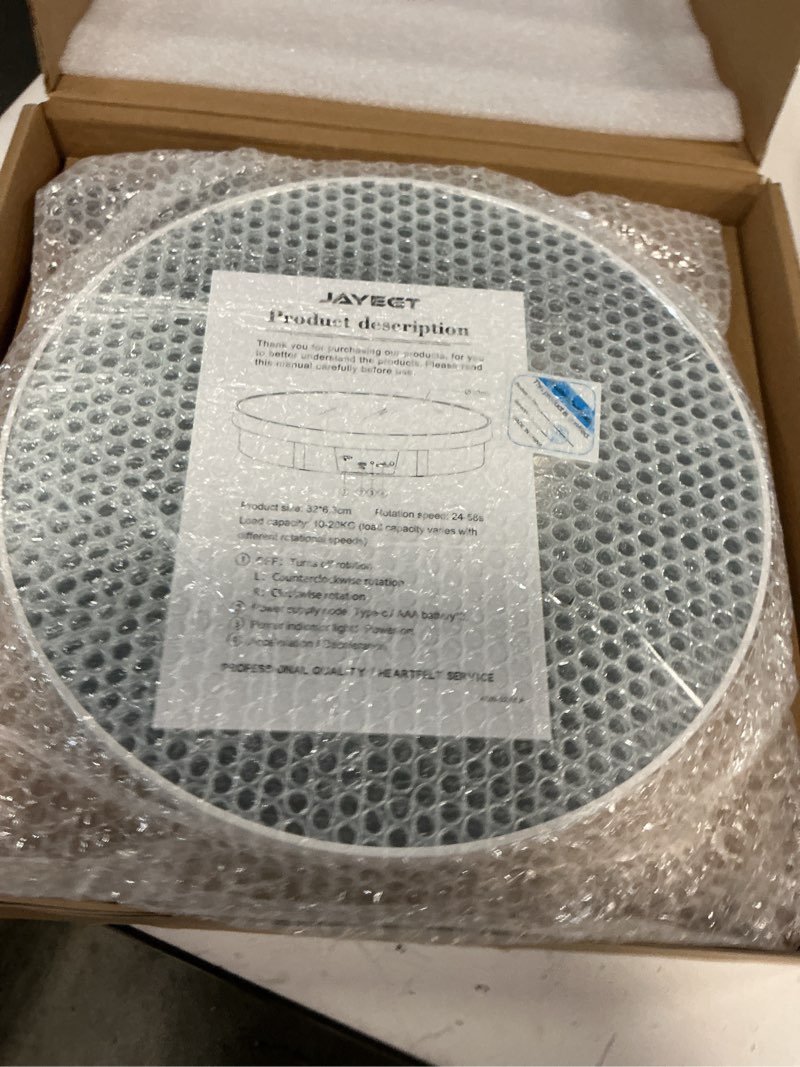 Condition photo showing New/Like New for jayegt motorized rotating display stand, 12.6inch /44lbs load ,real mirror cover ?360 degree electric rotating turntable ,cup display turner stand,photography products, jewelry ,tumbler -white white/12.6 inch