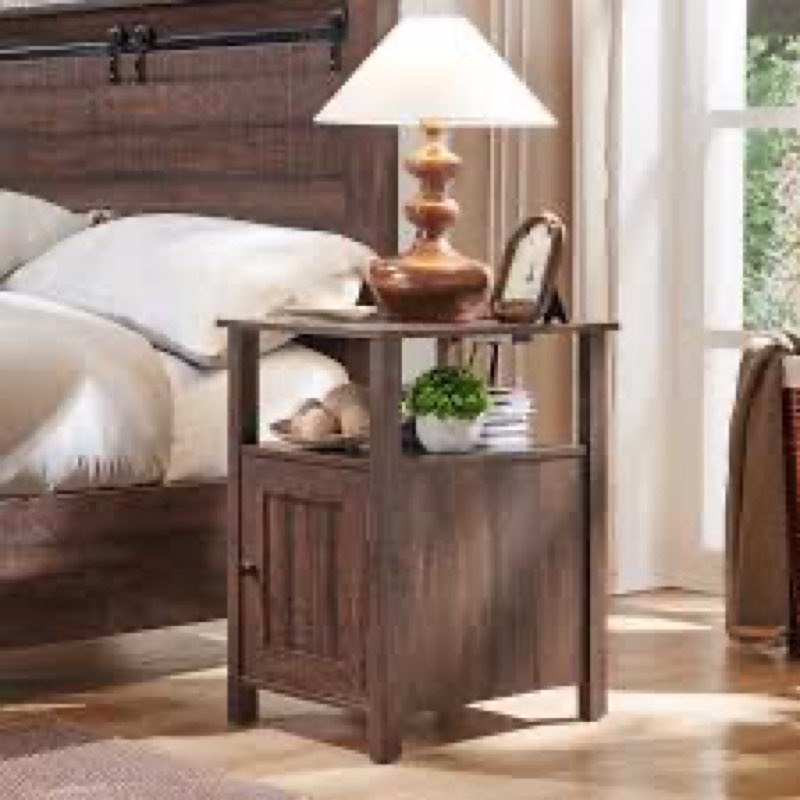 Nightstand  with Charging Station, w/Storage Space, with Groove Barn Door & Open Shelves for Bedroom