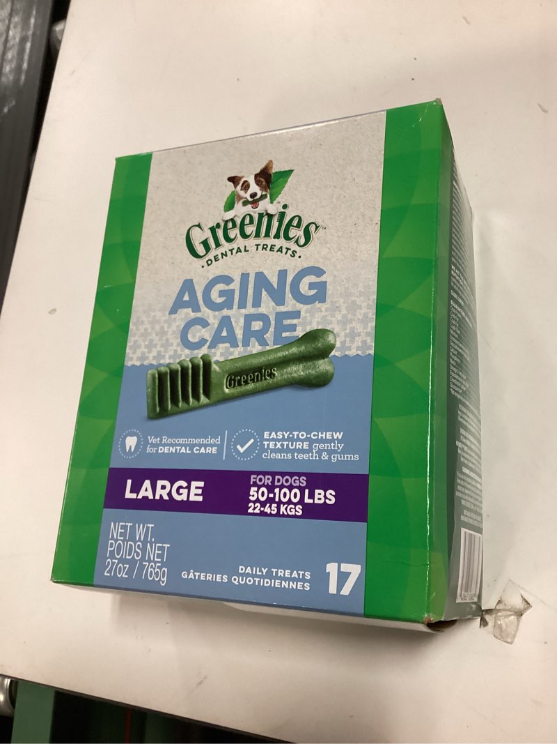Condition photo showing New/Like New for Greenies Dental Treats for Dogs, Veterinarian-Recommended Aging Care Adult Natural Dental Dog Treats, Large Size, 27 oz. Pack, 17 Count Aging Care 17 Count (Pack of 1)