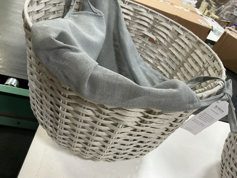 Condition photo showing Good Condition for large round tonal faux wicker storage bin with fabric liner and rattan handles – decorative woven ba