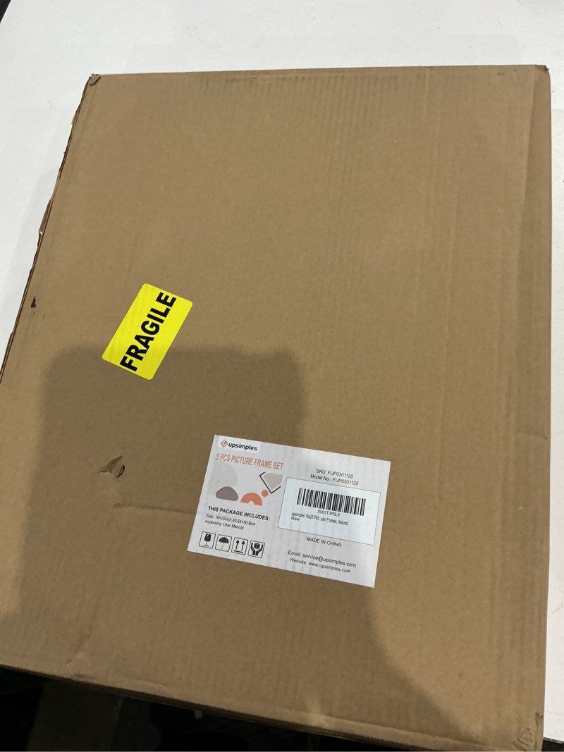 Condition photo showing New/Like New for upsimples 16x20 picture frame set of 5, display pictures 11x14 with mat or 16 x 20 without, wall gallery poster frames, natural