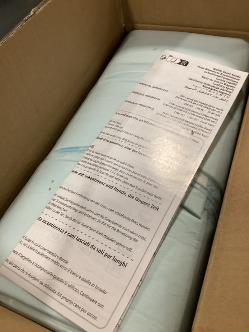 Condition photo showing New/Like New for Amazon Basics Dog and Puppy Pee Pads, 5-Layer Leak-Proof Super Absorbent, Quick-Dry Surface, Potty Training, Regular (22x22"), 150 Count, Blue & White 22 x 22 Inch