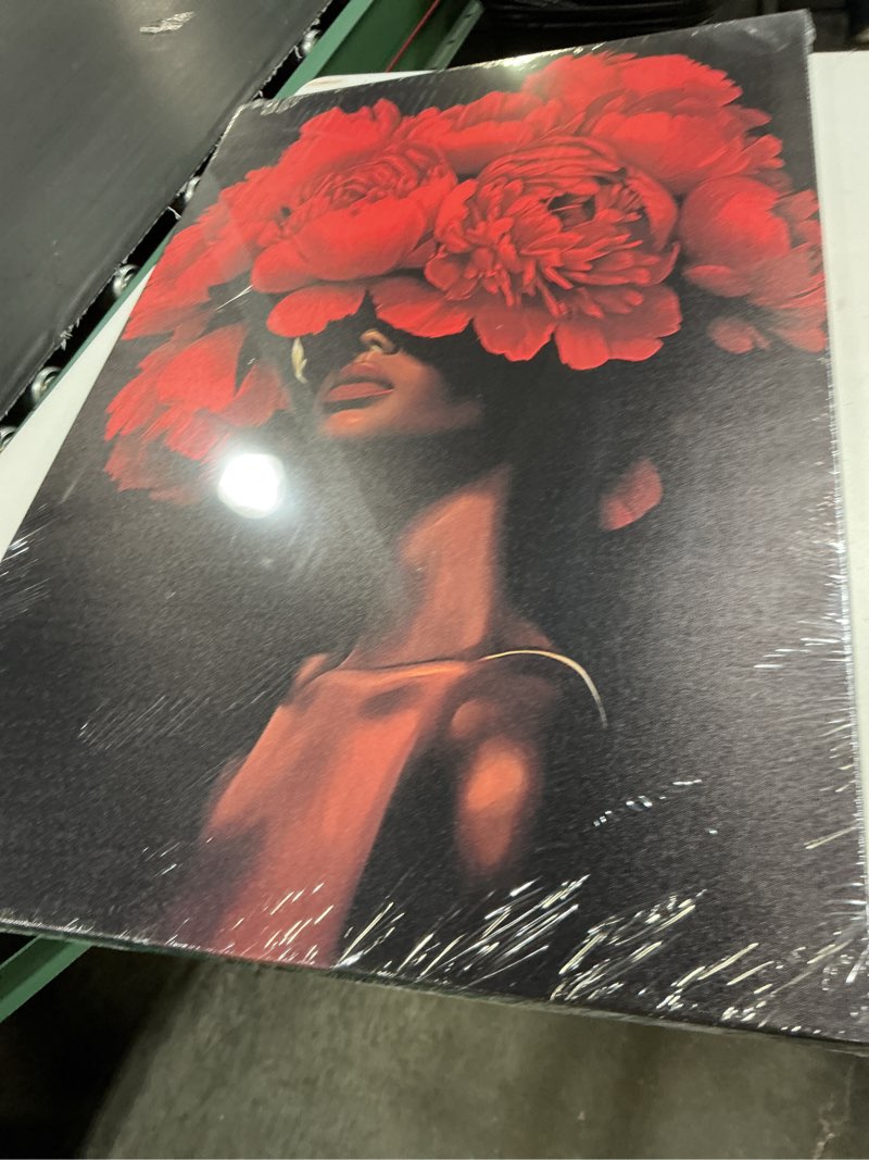 Condition photo showing New/Like New for doartdo african american wall art woman with flowers on head painting black and red pictures black women portrait canvas prints bedroom home decor framed (red, (24.00" x 36.00") red 24.00" x 36.00"
