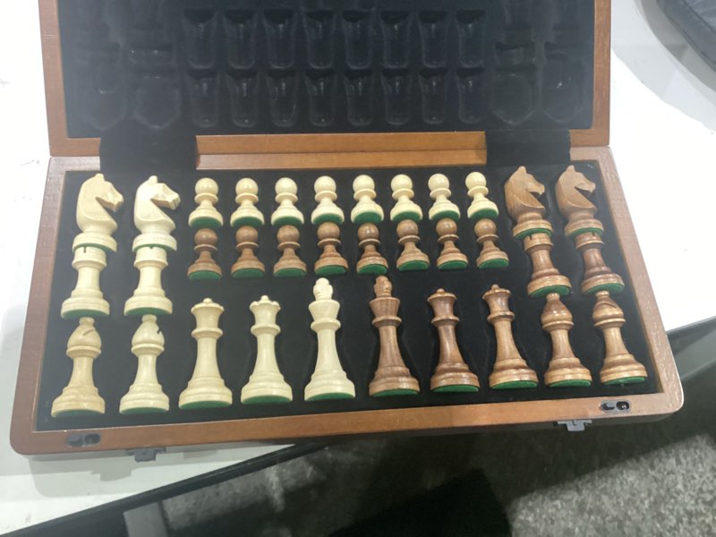 Condition photo showing Good Condition for a&a 15 inch wooden folding chess  set w/ 3 inch king height staunton chess pieces - walnut box w/ walnut & maple inlay