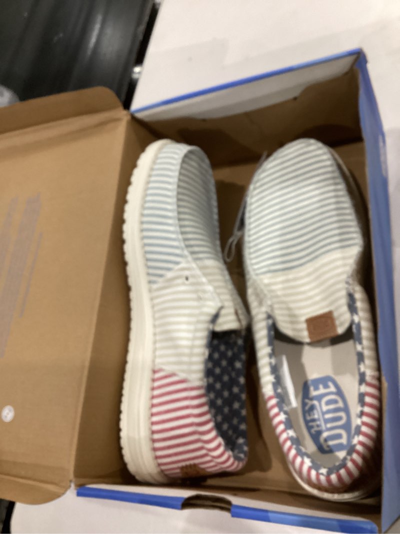 Condition photo showing Good Condition for Hey Dude Men's Wally-Tri Varsity Sport Mesh | Men's Shoes | Men Slip-on Loafers | Comfortable & Light-Weight 12 Blue/Red