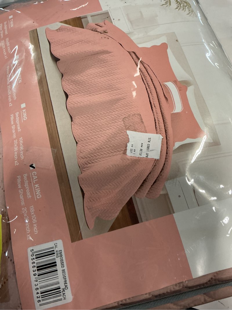 Condition photo showing New/Like New for ir imperial rooms california king quilt bedding set size (118"x106") + 2 pillow shams (20" x 36"+ 2") - 3 pcs all season reversible microfiber coverlet embossed quilt bedspread (peach/baby pink)