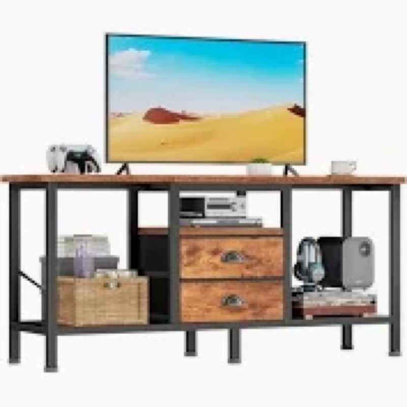 Furologee TV Stand with Power Outlets, Entertainment Center with Open Storage Shelves for TVs up to 