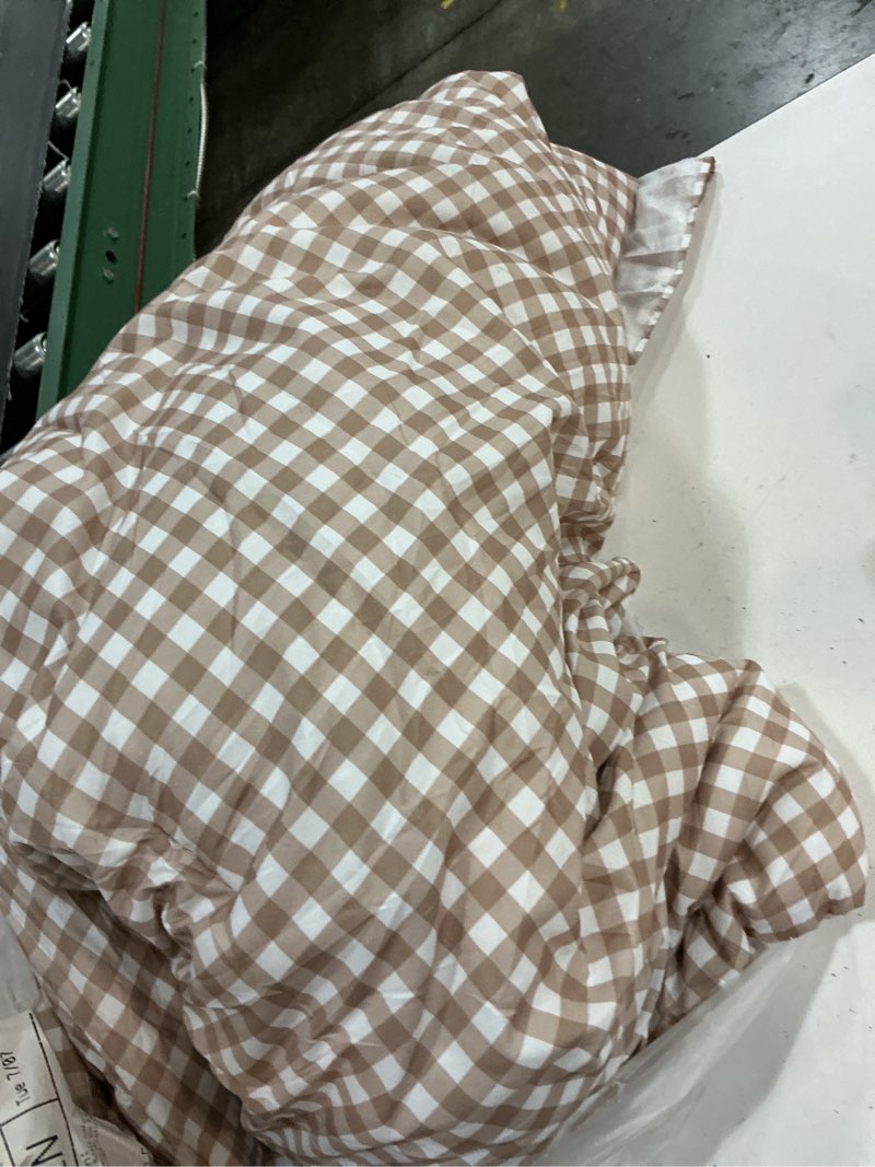 Condition photo showing As Is for andency tan gingham ruffle comforter full (79x90inch), 3 pieces(1 ruffled comforter and 2 pillowcases) solid farmhouse shabby chic bed, vintage rustic soft polyester bedding set tan gingham full(79"x90")