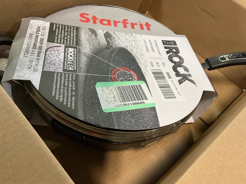 Condition photo showing Good Condition for Starfrit The Rock 12'' (30cm) Non-Stick Jumbo Cooker Pan with Lid - Durable Forged Aluminum - Oven Safe - PFOA Free - Easy to Clean - Black 12 inches 12" Deep Fry pan with Lid