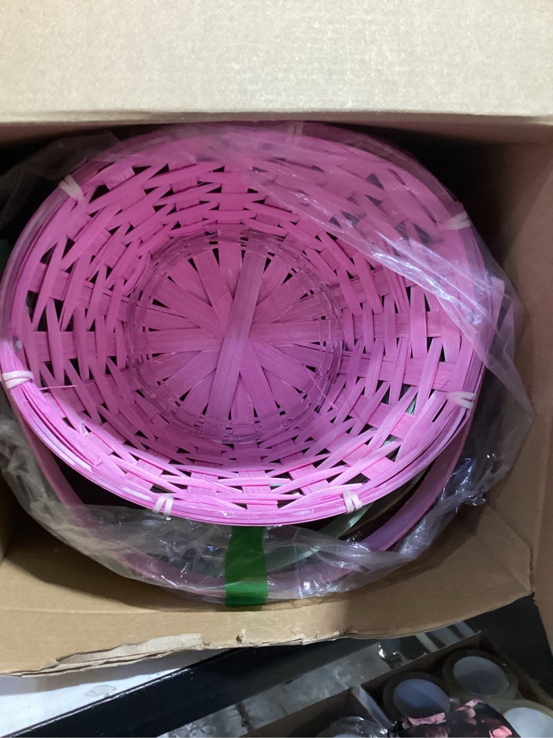 Condition photo showing Good Condition for Yulejo Easter Woven Bamboo Basket Round Small Woven Basket with Handle Buckets for Easter Egg Hunt Picnic Party Supplies Birthday Decoration(6 Pieces, Lovely)