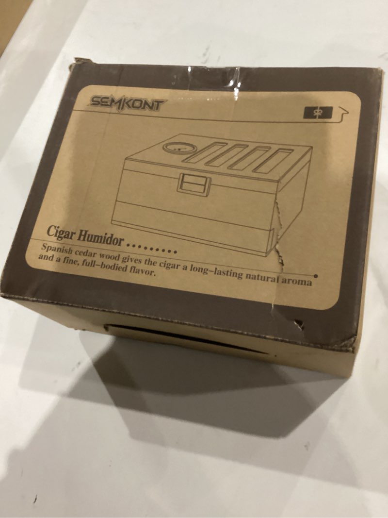 Condition photo showing New/Like New for SEMKONT Cigar Humidor, Vintage Lock & Accessory Drawer Cedar Wood Humidor, Recessed Hygrometer Glass Top Desktop Cigar Box, with Humidifier, Cigar Lighter and Dropper,Hold 20-35 Cigars Brown-l