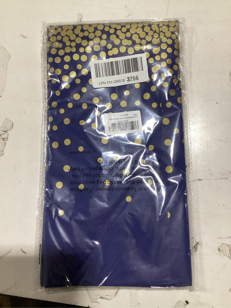 Condition photo showing New/Like New for 2 pcs navy blue and gold plastic tablecloth for rectangle table, 54 × 108 inches disposable gold dot dark blue party table covers for anniversary, wedding, fine dining, graduation party decoration gold dot-navy blue 54" x 108" rectangle