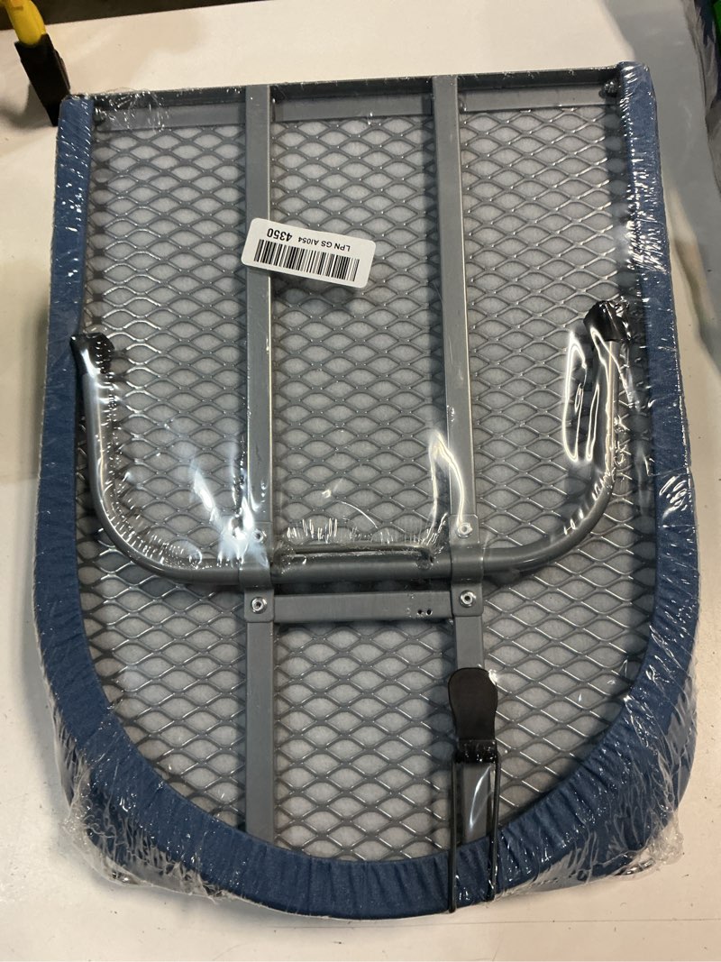 Condition photo showing New/Like New for metal foldable iron board with iron holder, rainhol small ironing board tabletop with heat resistant cover, 31x12 mini compact ironing table for dorms, aprtment, blue blue steel mesh with iron holder