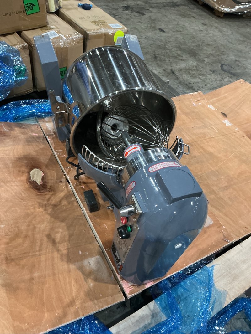 Condition photo showing As Is for 15 qt commercial food mixer - powerful 600w motor, 3 speeds, stainless steel bowl & attachments - perfect for bakeries, and commercial kitchens - reliable performance with safety guard mix15